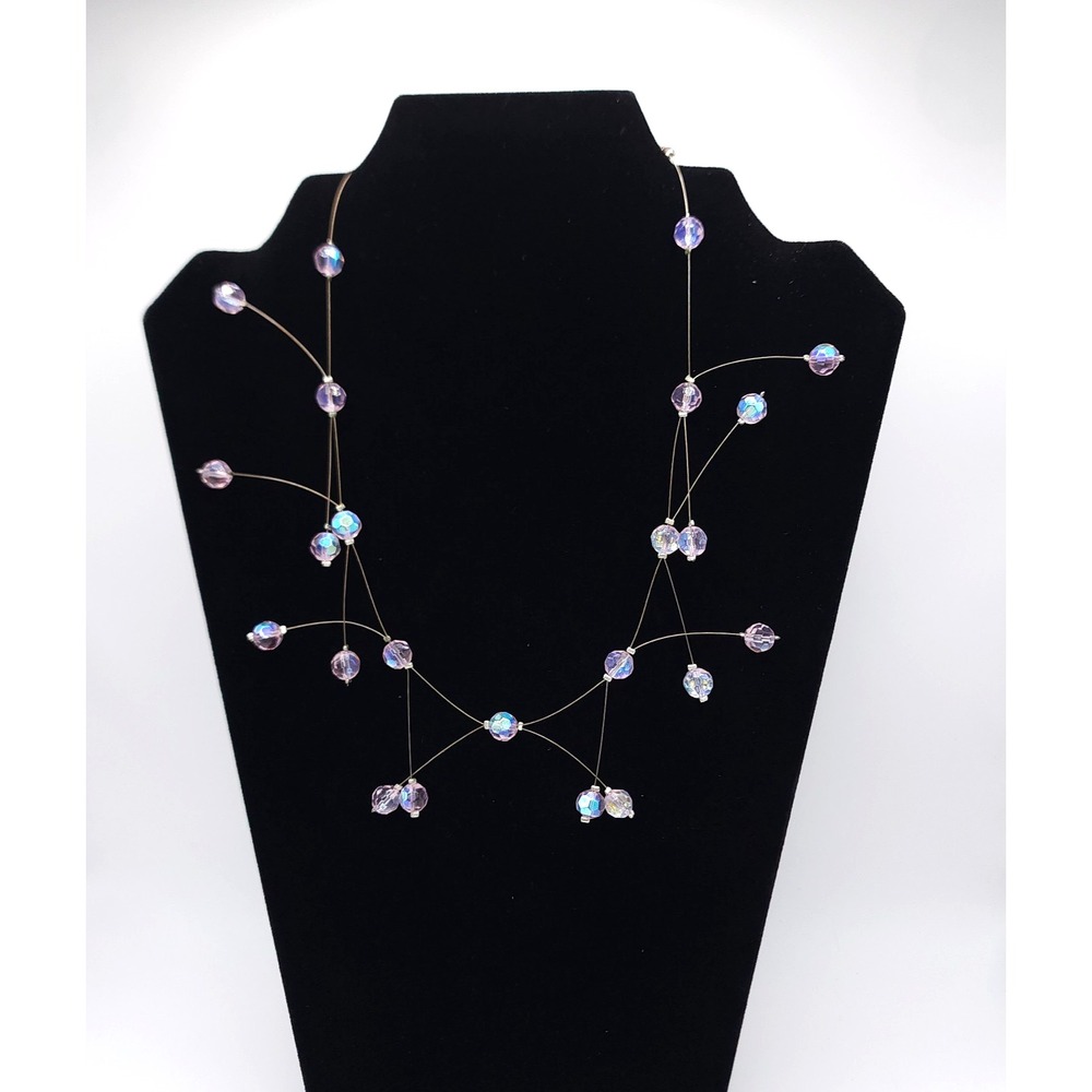 Vintage Avon Pink Crystal Floating Bead Illusion Necklace Silver Tone Signed
